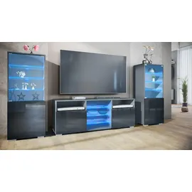 Vladon Wohnwand, Schwarz Hochglanz, Holzwerkstoff, 286x122.5x35 cm, Wohnzimmer, Wohnwände, Wohnwand-Sets