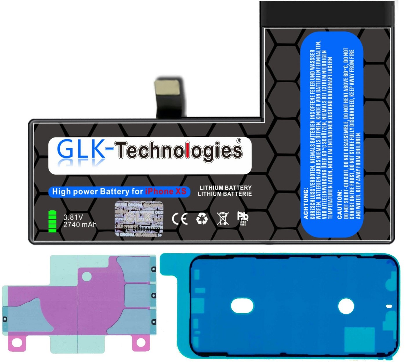 GLK-Technologies High Power Ersatz Akku für Apple iPhone XS inkl. 2X Klebebandsätze Smartphone-Akku 2740 mAh (3,8 V)