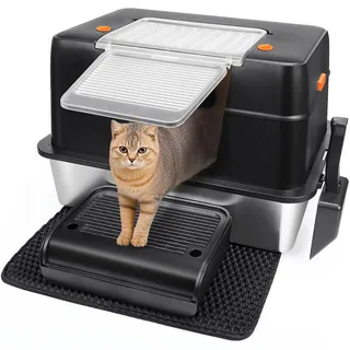Vivifying Katzenklo Edelstahl XL Leicht zu Reinigen und Geruchsresistent Katzentoilette Edelstahl, Rostfreier Stahl Katzenklo mit Pedals, Schaufel und Matte (Schwarz)