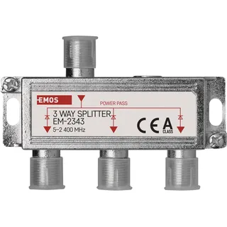 EMOS 3-Wege-Antennenverteiler A-Class - 3-Fach SAT-Splitter mit F-Buchse - voll geschirmt 6 dB - Frequenz 5-2400 MHz - 1 Eingang / 3 Ausgänge - SAT+TV Antennen Fernseh Verteiler mit DC-Durchlass