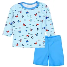 Aquarti Baby Jungen Bade-Set Zweiteiliger Kinder Badeanzug T-Shirt Badehose UV-Schutz, Farbe: Langarm/Kleine Fische Hellblau/Blau, Größe: 80 - 80