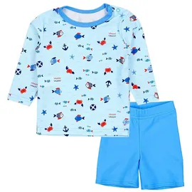 Aquarti Baby Jungen Bade-Set Zweiteiliger Kinder Badeanzug T-Shirt Badehose UV-Schutz, Farbe: Langarm/Kleine Fische Hellblau/Blau, Größe: 80 - 80