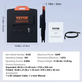 Vevor 120W Solarpanel faltbar 12V monokristallinen Solarmodul 6,66A Solaranlage Umwandlungsrate von 23% Inkl. 2x USB-Schnellladeanschlüsse (QC3.0), Typ-C-Anschluss, 18-V-Gleichstromausgang