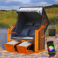 Swing & Harmonie RGB - Strandkorb XXL - 118cm inkl. Abdeckcover LED Luxus Volllieger mit Solarmodul Ostsee Sonneninsel Rattan Möbel Polyrattan (grau/weiß - nadelstreifen)