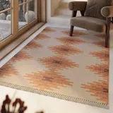 Green Looop Wollteppich GREEN LOOOP "Belle", beige (beige, hell), B:80cm H:5mm L:150cm, Wolle, Teppiche, Fransen, Kelim, handgewebt, Natur, Wohnzimmer, Schlafzimmer, Raute