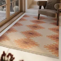 Green Looop Wollteppich GREEN LOOOP "Belle", beige (beige, hell), B:80cm H:5mm L:150cm, Wolle, Teppiche, Fransen, Kelim, handgewebt, Natur, Wohnzimmer, Schlafzimmer, Raute