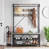 RBFGYIOP Garderobenbank mit Kleiderstange Retro – Kombinierte Flurbank mit Hutablage, Platzsparende Sitzbank mit Schuhablage für Flur Diele Eingangsbereich, Metall Holzoptik, Grau