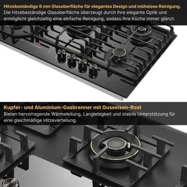 KB Elements Gaskochfeld 4-flammig und 1 Glaskeramik Kochfeld, Gaskochfeld 90cm, LPG/NG, Kupfer- und Aluminium-Brennern, hitzebeständigem Glas, Autark - Schwarz