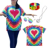 XonyiCos Hippie-Kostüm für Herren und Damen, 60er- und 70er-Jahre-Stil, buntes T-Shirt, Sonnenbrille, Stirnband, Friedenskette, 4-teiliges Set, Motto-Party, Batikfärbung, 4-teiliges Set, Größe XXL