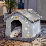 Jiupety Hundehöhle Kleine Hunde mit Sternmuster, Hundehütte Indoor für Katze und Kleine Hunde, Hundehaus für Drinnen, Größe M Hundebett mit Dach, Grey Star