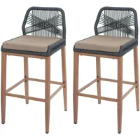 Mendler 2er-Set Rope-Barhocker HWC-O21, Outdoor Sitzpolster Seilgeflecht Metall Holz-Optik