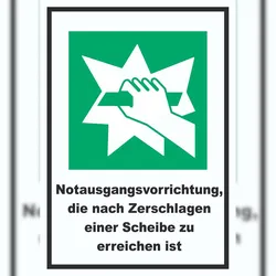 HB-Druck Notausgangsvorrichtung die nach Zerschlagen einer Scheibe zu erreichen ist A2 Rückseite selbstklebend Schild