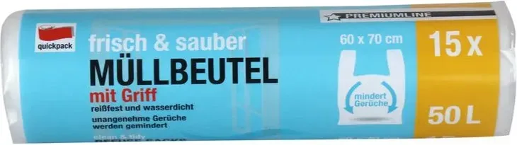 Quickpack Müllbeutel 50l Premiumline mit Griff transp. Reissfest 15 St