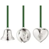 Georg Jensen 2023 Geschenkset Glocke, Kugel und Herz in Silber - Weihnachten Hängende Dekoration von Sanne Lund Traberg mit Bändern - 3 Stück