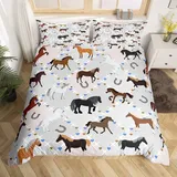richhome Kinder-Bettbezug 200 x 200 cm, Motiv: Pferd, Motiv: Kawaii, Pferd, Bettbezug 200 x 200 cm, Bettwäsche für Mädchen, Grau, Büffel, Schottenkaro, Herz, Dekoration, Bettwäsche-Set