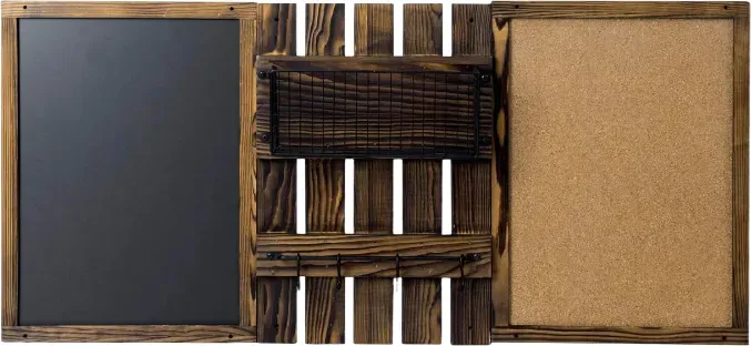 MyGift 3-Panel Wandmontiertes Eingangsbereich-Pinnwand-Kombiset mit Rustikalem Verbranntem Massivholzrahmen mit Kreidetafel, Korktafel, Schwarzem Metall-Briefkorb und Hängeschiene