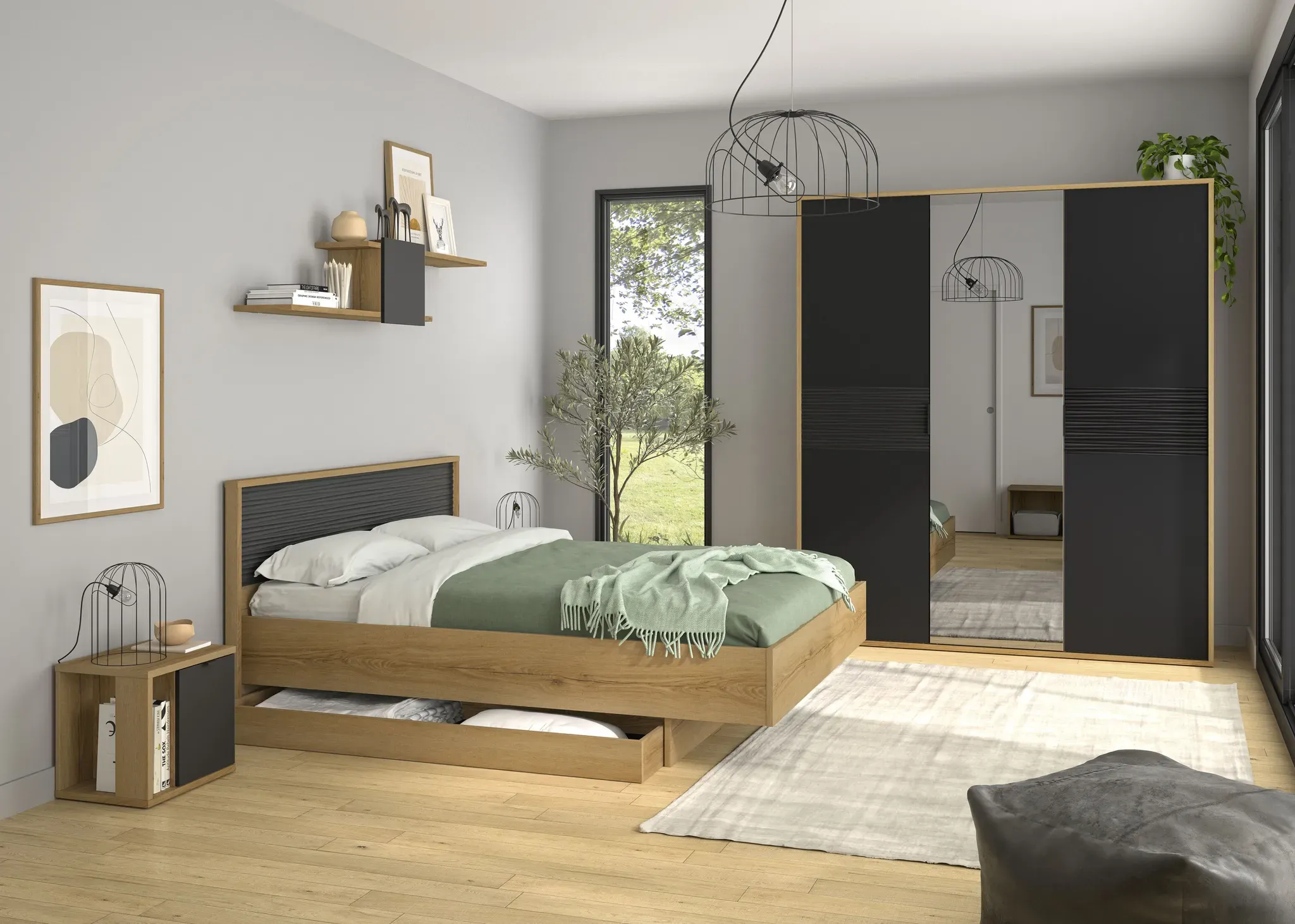 Schlafzimmer-Set GAMI "OTELLO SET", schwarz (eiche, sw), Eiche Helvezia Nachbildung / Schwarzmat + ohne Matratze, B/H: 160cm x 200cm, Spanplatte, Schlafzimmermöbel-Sets, Set vollständiger Möbel zur Gestaltung Ihres Schlafzimmers.