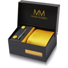 MASSI MORINO Krawatte Gelb mit Einstecktuch Set Herren inkl. Manschettenknöpfe, Krawattennadel und Geschenkbox | Männer Krawattenset zur Hochzeit - Einheitsgröße