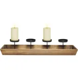 Holz Advents Kerzenleuchter Mit 4 Kerzentellern - 56 X 12 Cm - Weihnachts Kerzenständer Mit Integriertem Deko Tablett - Kerzenhalter Adventskranz Tisch Winter Dekoration