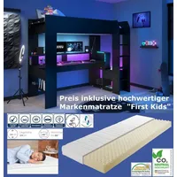 Parisot Hochbett Gaming Hochbett "Online 1" (Komplett Set, 2-St., Hochbett mit Leiter, Schreibtisch, LED Beleuchtung, Stauraum) LED Beleuchtung, USB, Schreibtisch, wahlweise Kaltschaummatratze schwarz