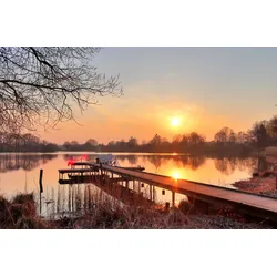 Fototapete PAPERMOON "HOLZ-BRÜCKE-PIER STEG SEE STRAND WALD SONNENUNTERGANG", bunt, B:3,00m L:2,23m, Vlies, Tapeten