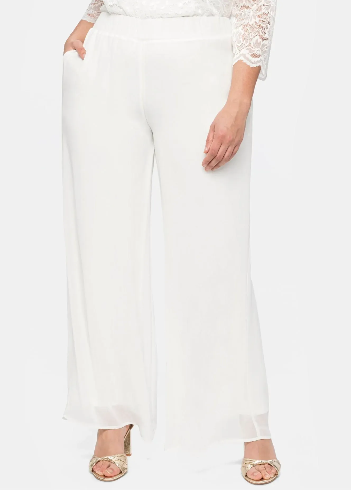 Schlupfhose SHEEGO, Damen, Gr. 46, Normalgrößen, weiß (sanftes weiß), 100% Polyester, unifarben, Hosen Schlupfhose