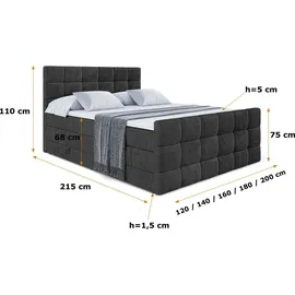 altdecor Boxspringbett BRUGO-Z KING - 160 x 200 - H3/H4 - Grau