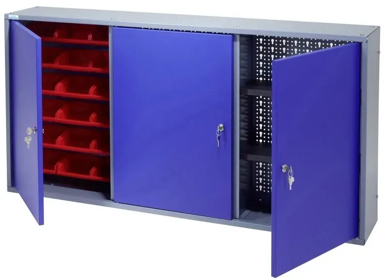 Hängeschrank mit 2 Lochrückwänden + 18 Sichtboxen, HxBxT 600 x 1.200 x 190 mm, blau