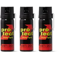 3 Stück Pfefferspray PROTECT Anti-Dog Breitstrahl 50ml KO Spray mit Metallclip Tierabwehrspray zur Selbstverteidigung Reizstoffspray in verschiedenen Sprühvarianten