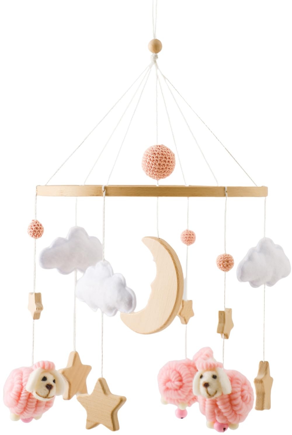 Mobile Baby Bettglocke mit Sterne Mond Schafe Hölz Mädchen Hängende Mobile Windspiel für Babybett Kinderbett (Rosa)