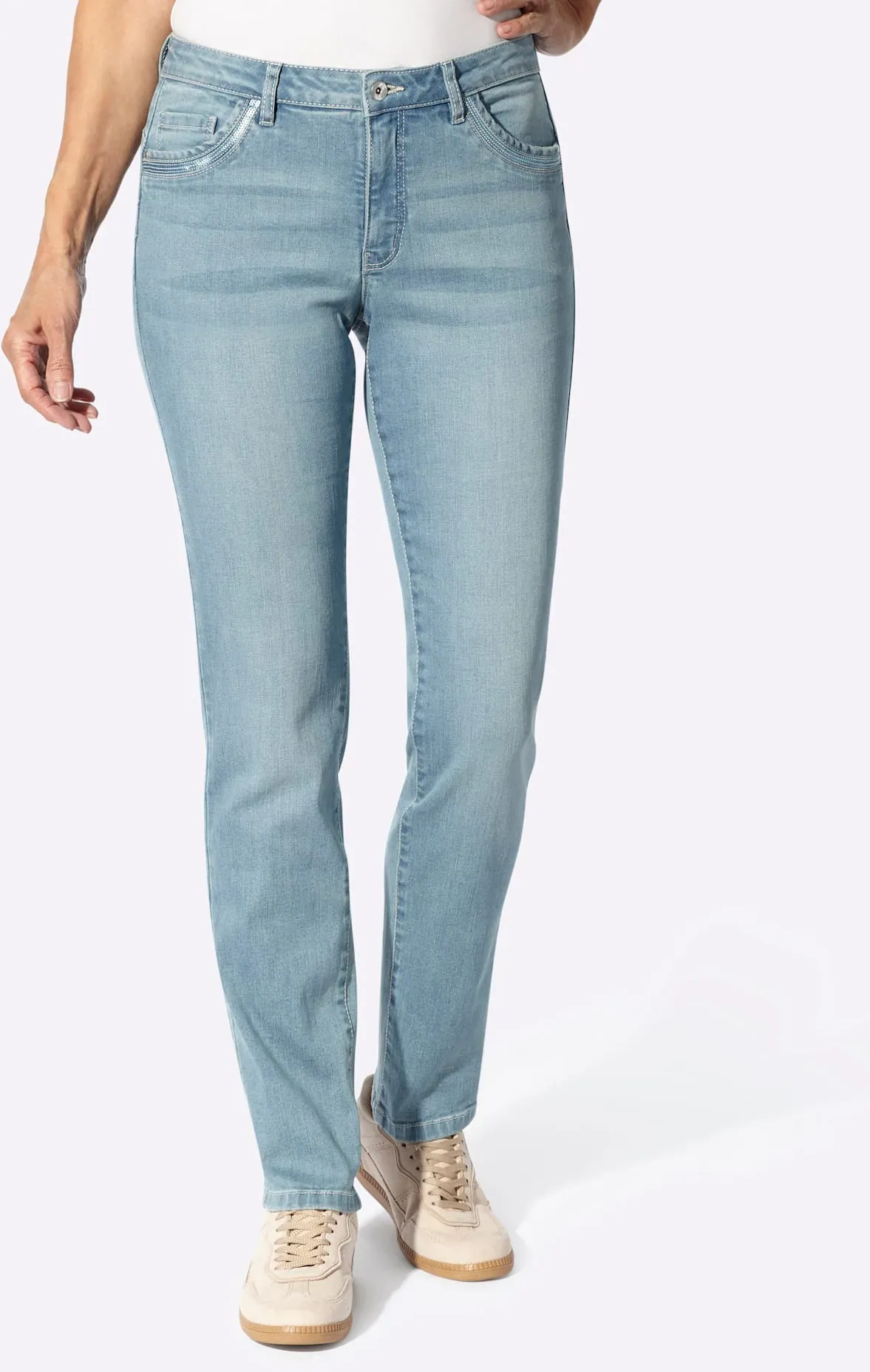 5-Pocket-Jeans INSPIRATIONEN, Damen, Gr. 46, Normalgrößen, blau (blau, bleached), 95% Baumwolle, 3% Polyester, 2% Elasthan, unifarben, lang, Jeans 5-Pocket-Jeans
