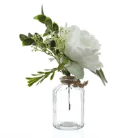 MARELIDA Kunstblumenstrauß Pfingstrose und Hortensie in Mini Glasvase weiß