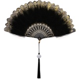 Uposao Damen Fächer Feder,Vintage Stil 20er Jahre Feder Handfächer Faltbar Handheld Marabou Federfächer Damen Gatsby Kostüm Flapper Zubehör für Hochzeit Halloween Karneval, Mottoparty,Schwarz