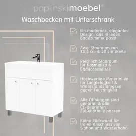 paplinskimoebel Waschbecken mit Waschtischunterschrank stehend weiß lackiert glänzende Tür 80 cm, eleganter Badezimmerschrank, | Weiß