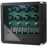 XTELARY Uhrenbeweger,Grün Leder Abschließbarer Uhrenbeweger für 8 mit 6 Speicherplätzen,Aufbewahrungsschublade, 4 Rotationsmodi,Weißes Licht Superleiser Motor und Federuhrkissen für Herren und Damen