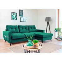 MIUFORM Lars Velours - Ecksofa mit Bettfunktion und Bettkasten - 223x148cm - Flaschengrün - L-Form Rechts - Schlafsofa Couch - Grün