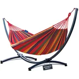 Potenza Outdoor Hängematte mit Verzinkter Gestell für 2 Personen I Baumwolle Doppelhängematte XXL 220x160, 200kg I Hängemattengestell 220kg, wetterfest (Rot, Basic Gestell Graphit)