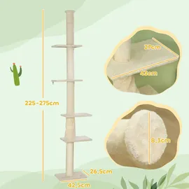 PawHut Kratzbaum Deckenhoch, Katzenbaum, 225-275 cm Katzenkratzbaum mit Plattformen, Katzenmöbel mit Kippschutz, Cremeweiß - Weiß