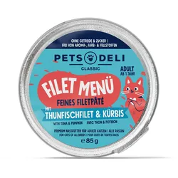 Katzenfutter nass - Thunfisch, Putenfilet - Kürbis und Basilikum - Adult - getreidefrei, zuckerfrei - 85g von Pets Deli