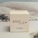 hellomini Personalisierte Spardose aus Holz mit Namen – Gravierte Wunschbox als Geschenk für große & kleine Träume – Individuell gestaltbar mit Wunschtext - Wunscherfüller Grafisch