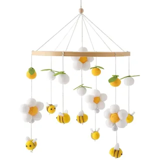 Babybett Mobile Baby, Mobile Baby Holz Wollknäuel, Frische Blumen und Bienen, Bettglocke für Baby, Kinderzimmer und Babybett Rassel Dekoration, Geschenk für Neugeborene Jungen & Mädchen (huang)