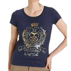 DELMAO Damen T-Shirt extravagantes Rundhals-Shirt mit Frontdruck 73785608 Blau/Gold