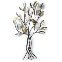 DESIGN DELIGHTS Wand DEKO Baum mit Vögeln | Metall, 76 cm, Silber/Gold | Metallbild Blätter, Wandrelief, Wandbild, Wandskulptur