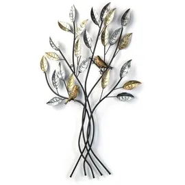 DESIGN DELIGHTS Wand DEKO Baum mit Vögeln | Metall, 76 cm, Silber/Gold | Metallbild Blätter, Wandrelief, Wandbild, Wandskulptur