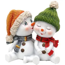Dekohelden24 Schneekinderpaar mit Mütze und Schal in rot, grau, orange, grün, L/B/H 10,7 x 7,3 x 10,8 cm
