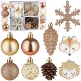 Brubaker 26-tlg. Christbaumschmuck Wald und Tiere - Weihnachtskugel Set mit Tannenzapfen, Igel und Fuchs, Schneeflocken, Glitzer - Weihnachtsbaum - Gold, Braun