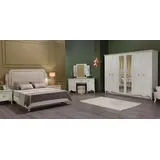 JVmoebel Schlafzimmer-Set Schlafzimmer Garnitur in Weiß mit Doppelbett und Nachttischen, (5-tlg., Bett, 2xNachttische, Kleiderschrank, Schminktisch), Made in Europe weiß