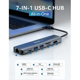 Dockteck USB C Hub Dockteck 7-in-1 Dock DD0003 USB C Adapter, Ethernet LAN RJ45, 4K 60Hz HDMI, 100W Power Delivery, 2 USB 3.0 Ports und SD/microSD für iPhone 15 Pro MacBook M1, iPad Pro, Surface Pro und Mehr