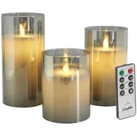 LC Home LED-Kerze LED Kerzen Set Echtwachskerze Glas Timerfunktion Fernbedienung Dimmbar (Spar-Set, 3-tlg., LED Kerzen im Glas 3er Set mit Fernbedienung), Led Kerzen 3er Set in 10x7,5 • 12,5x7,5 • 15x7,5cm grau