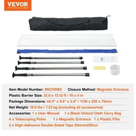Vevor Staubschutztür Staubschutzwand 230 x 120 cm, Bautür Staubschutztür Magnetverschluss Zuverlässigste Staubschutz, Baustellentür für Renovierungen & Umbauten, Verstellbarer Ständer 1,1-3,6 m